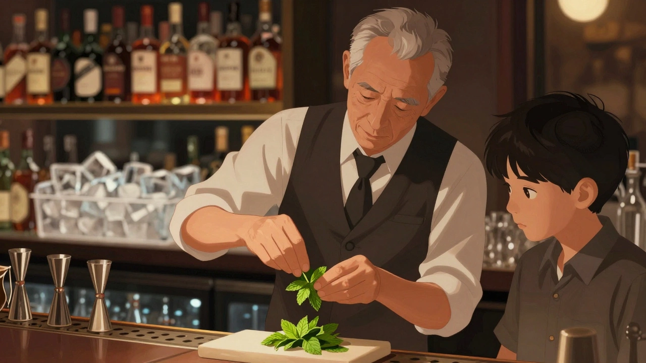 Bartender demonstrating precise mint muddling technique to a student in a well-stocked bar.