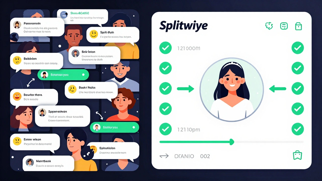 Chaotic group chat vs. organized Splitwise app dashboard in comic book style.