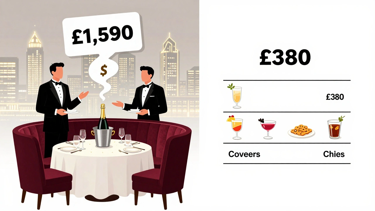 Contrast between expensive bottle service and affordable bar tab costs in London nightlife, with symbolic pricing elements.