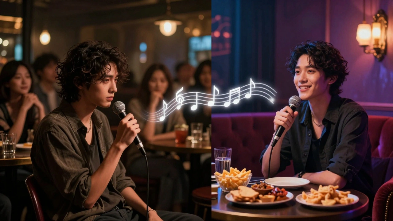 Contrasting scenes: one person anxious in public karaoke versus free and happy in a private room.