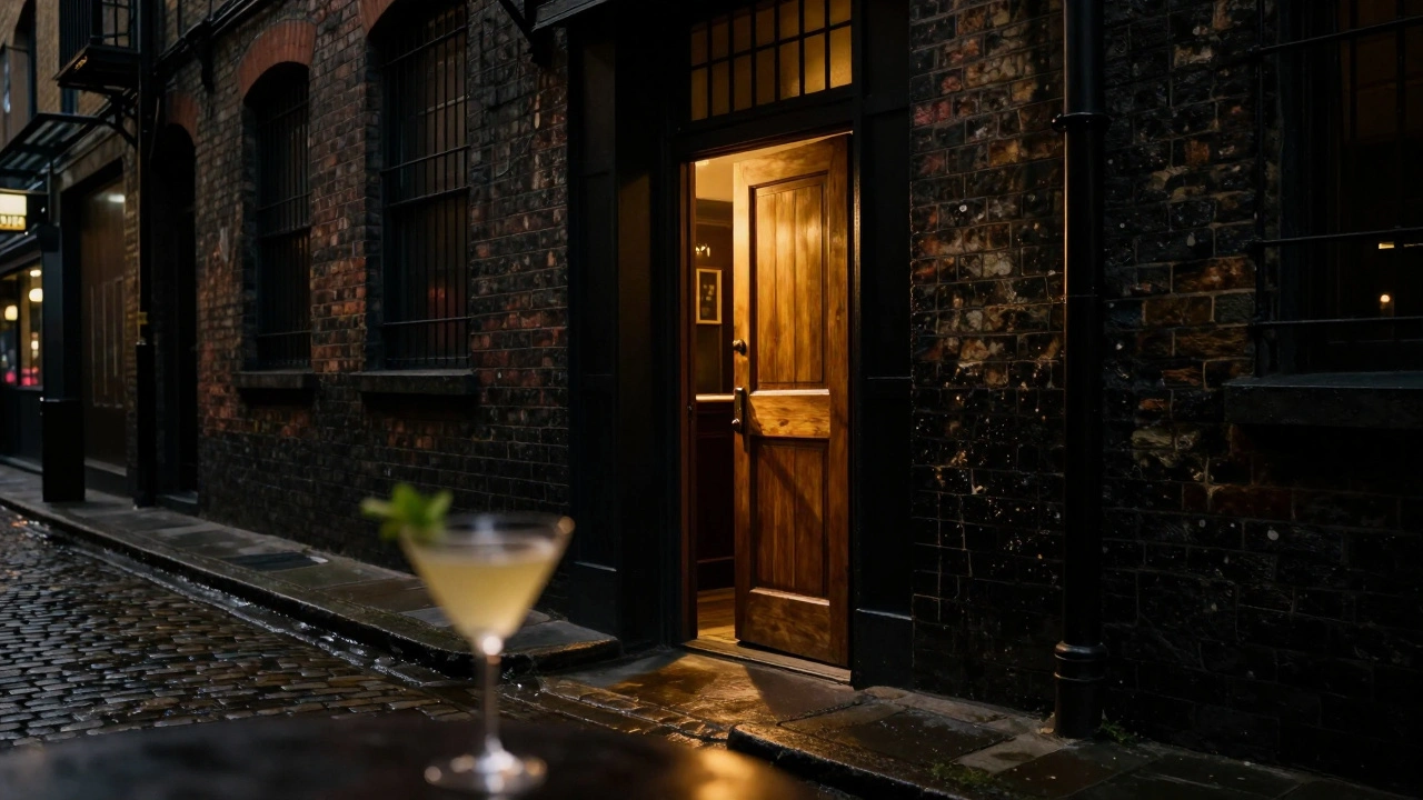 Dimly lit alleyway entrance to a hidden bar with warm light spilling onto the street.