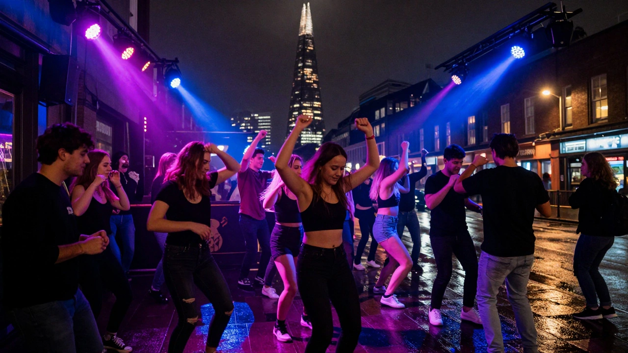 Diverse crowd dancing at a nightclub with The Shard skyscraper visible in the background.