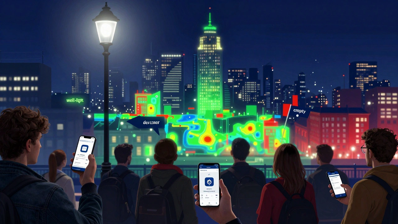 Diverse people using a safety app to mark street conditions in real time, with color-coded data glowing across a city skyline.