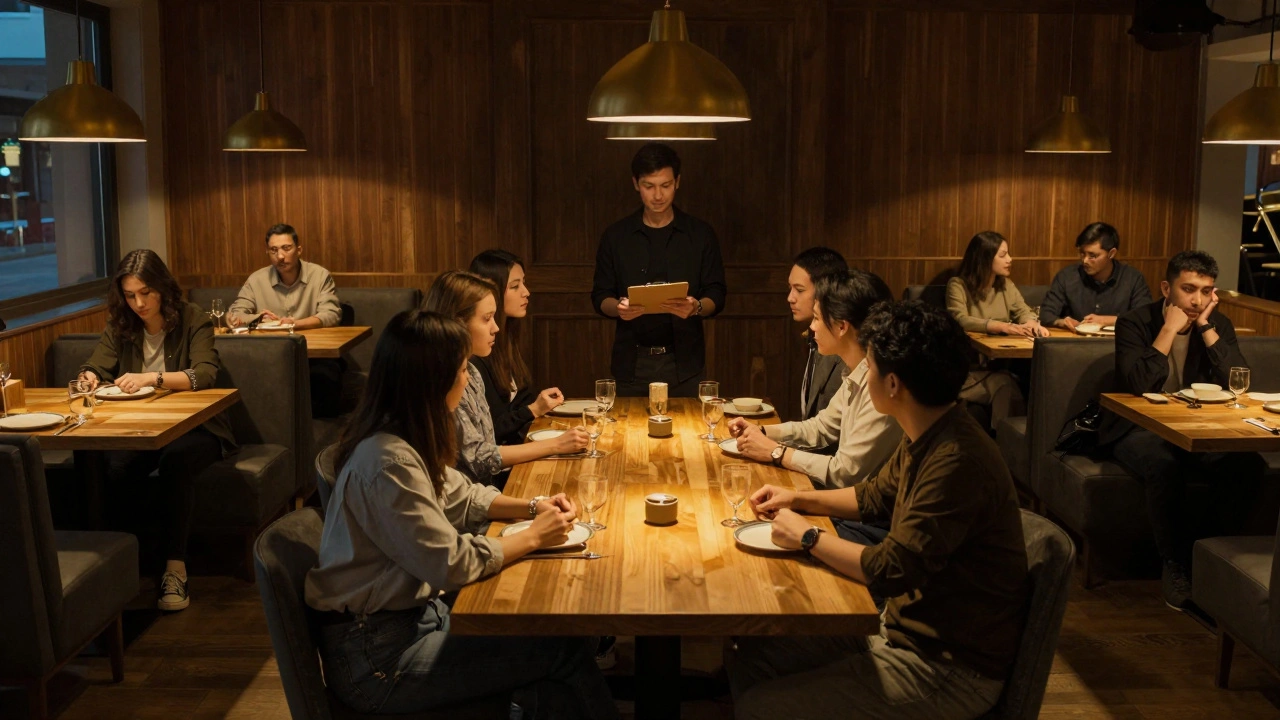 Eight people seated together at one table in a restaurant, while others sit apart in separate booths