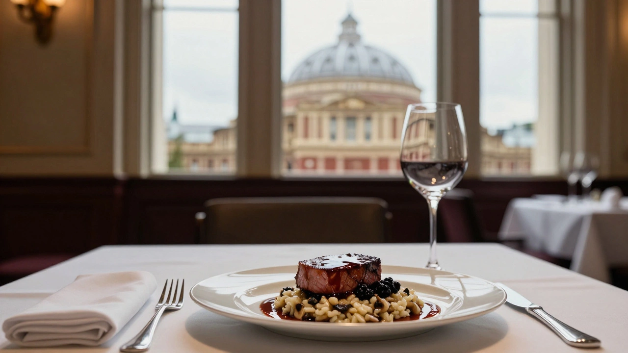 Elegant venison dish with mushroom risotto at The Brompton, near Royal Albert Hall, in soft golden lighting.