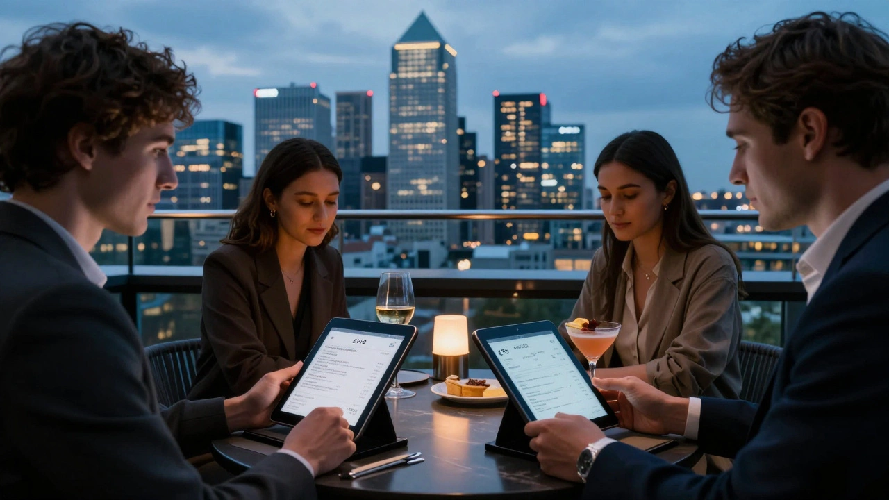 Four friends at a London rooftop bar paying their individual portions on a tablet terminal with city lights in the background.