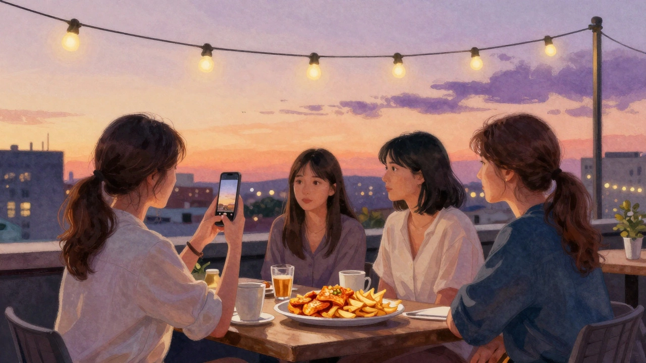 Four women sharing food and watching the sunset on a cozy rooftop, soft golden light filling the scene.