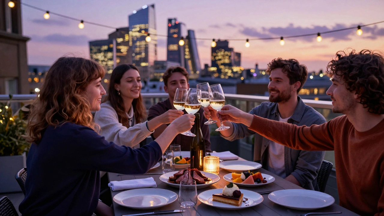 Friends celebrating on a London rooftop at dusk with empty set menu plates and city lights in the background.