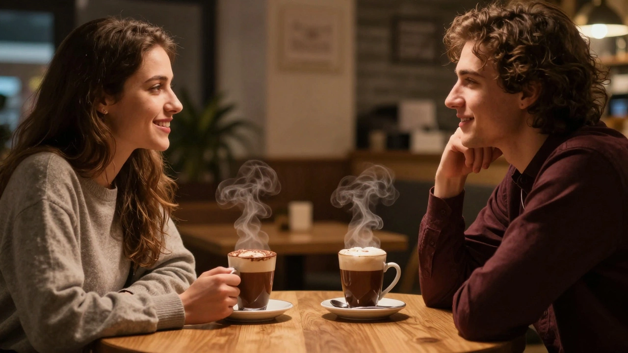 Friends chatting over hot drinks in a cozy cafe setting.