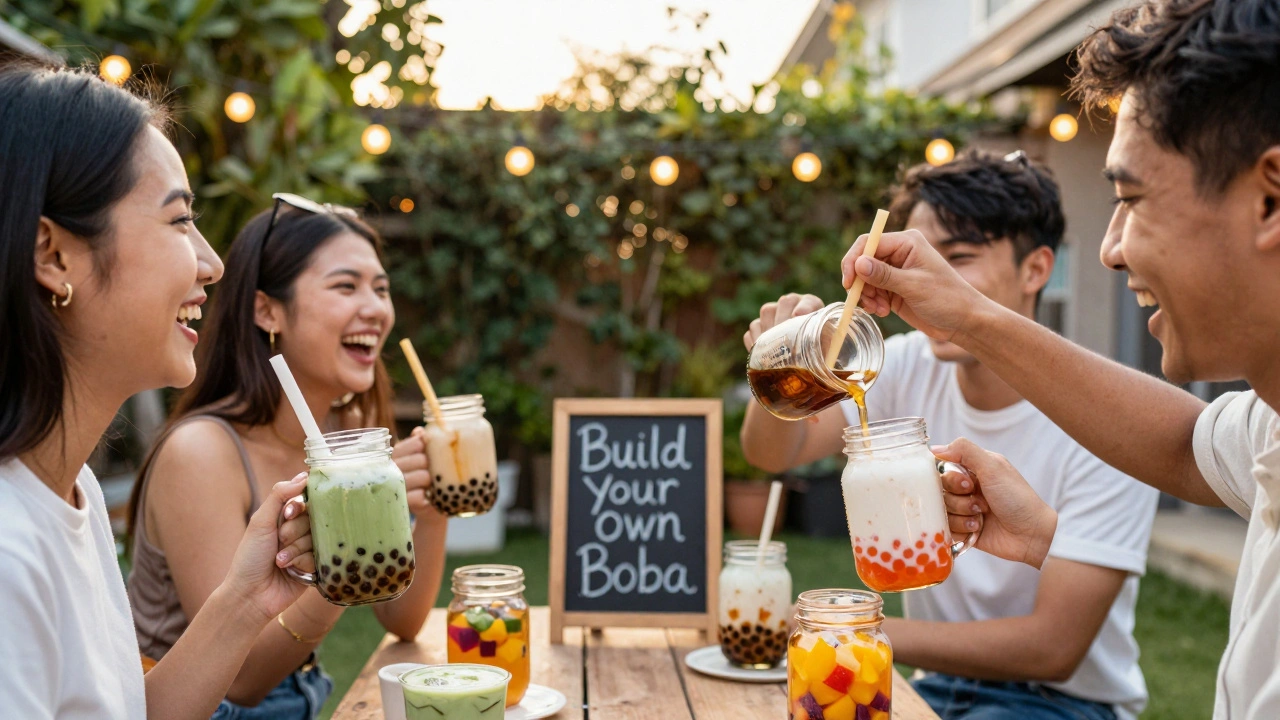 Friends enjoying custom bubble teas at a backyard gathering, each with unique toppings and straws.