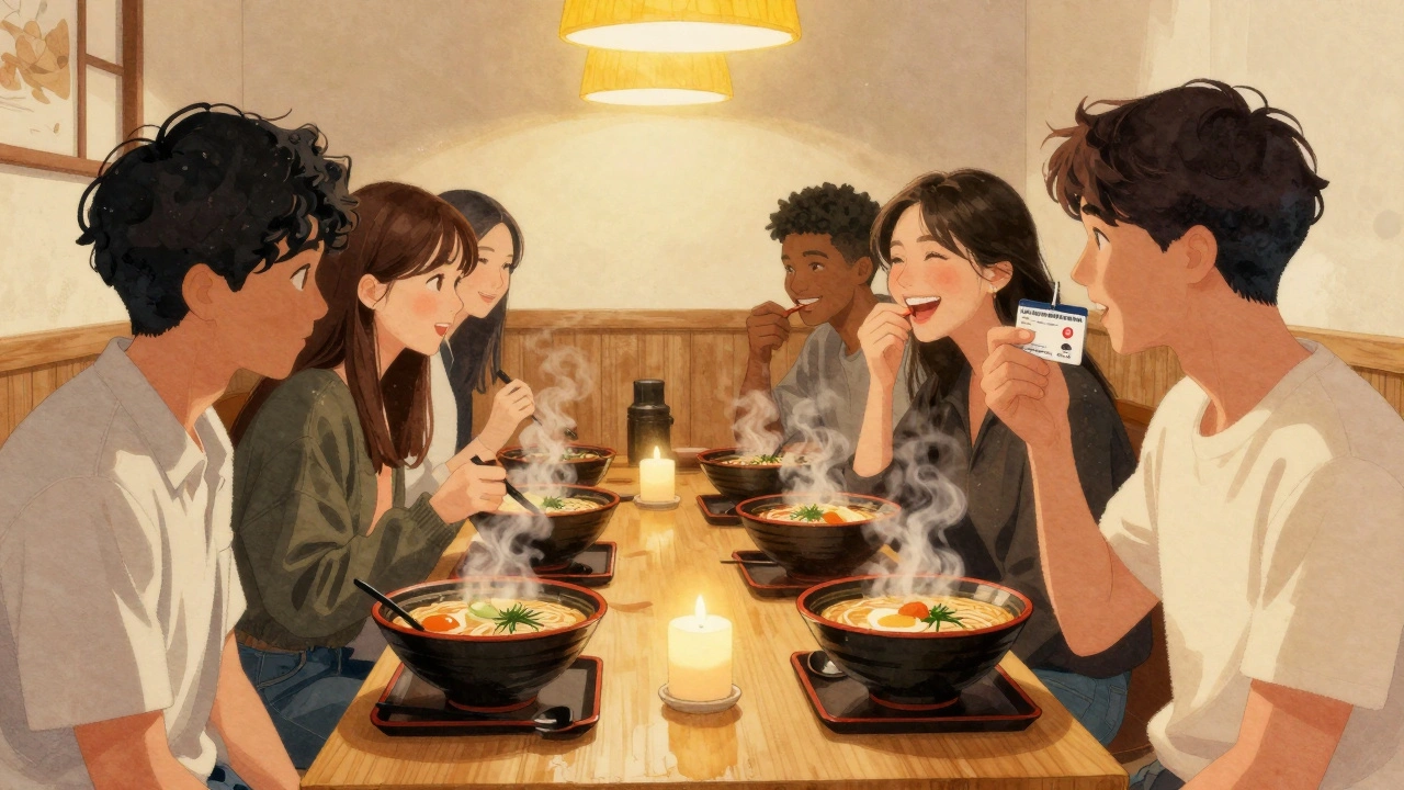 Friends enjoying free ramen bowls at Wagamama, with a birthday candle on the table and ID in hand.