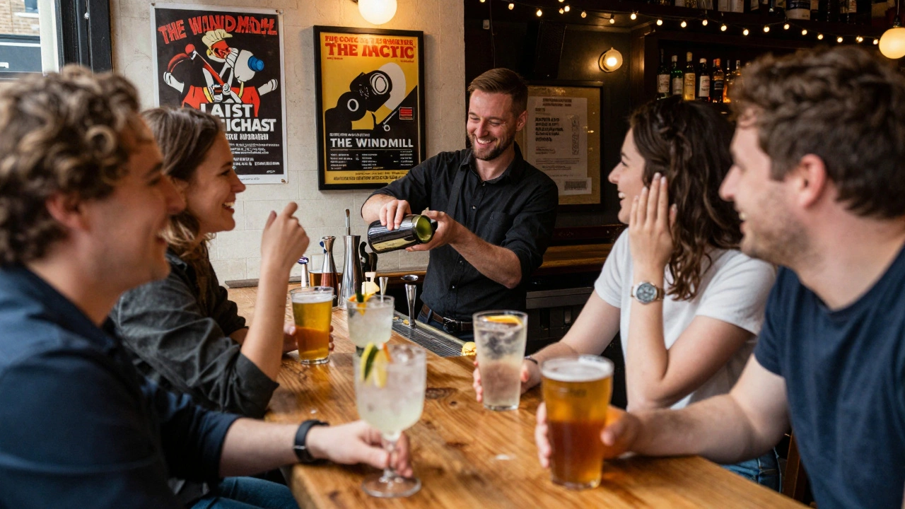 Friends laughing at a bar in a London venue, drinking gin and tonics and pints with no VIP restrictions.
