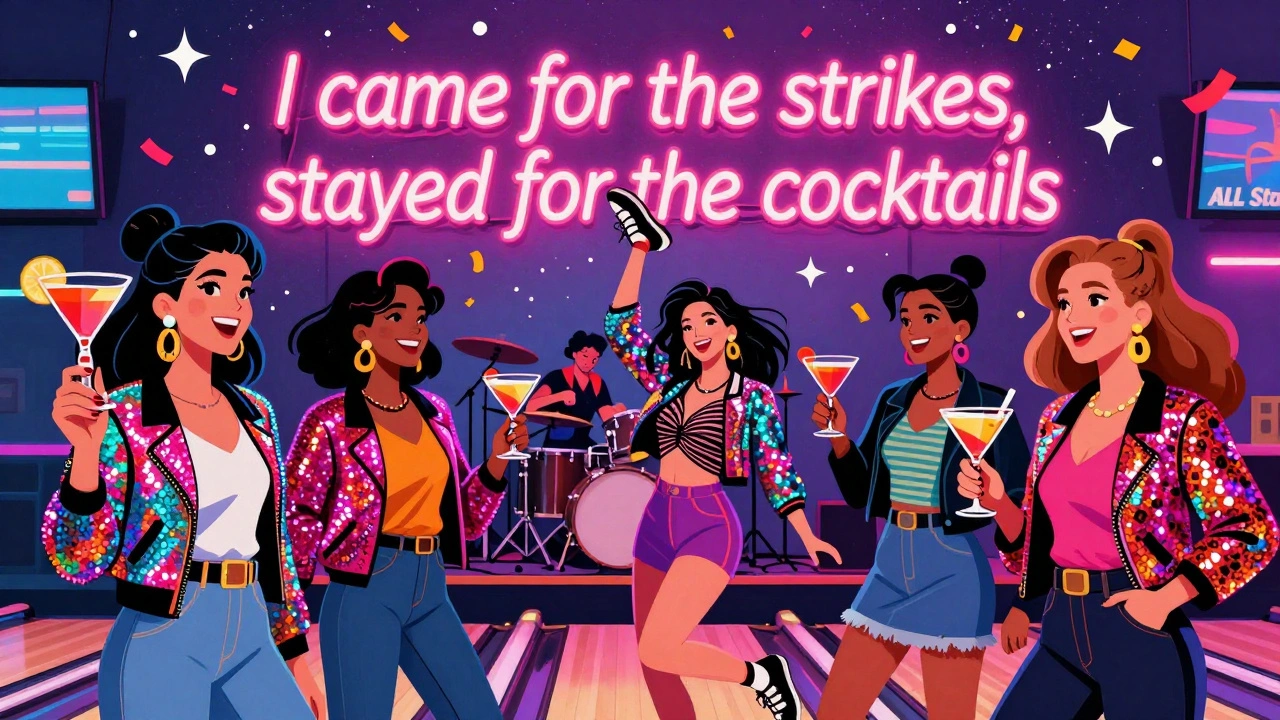 Friends posing on a glittery photo wall with neon signs and cocktails, one dancing in bowling shoes.