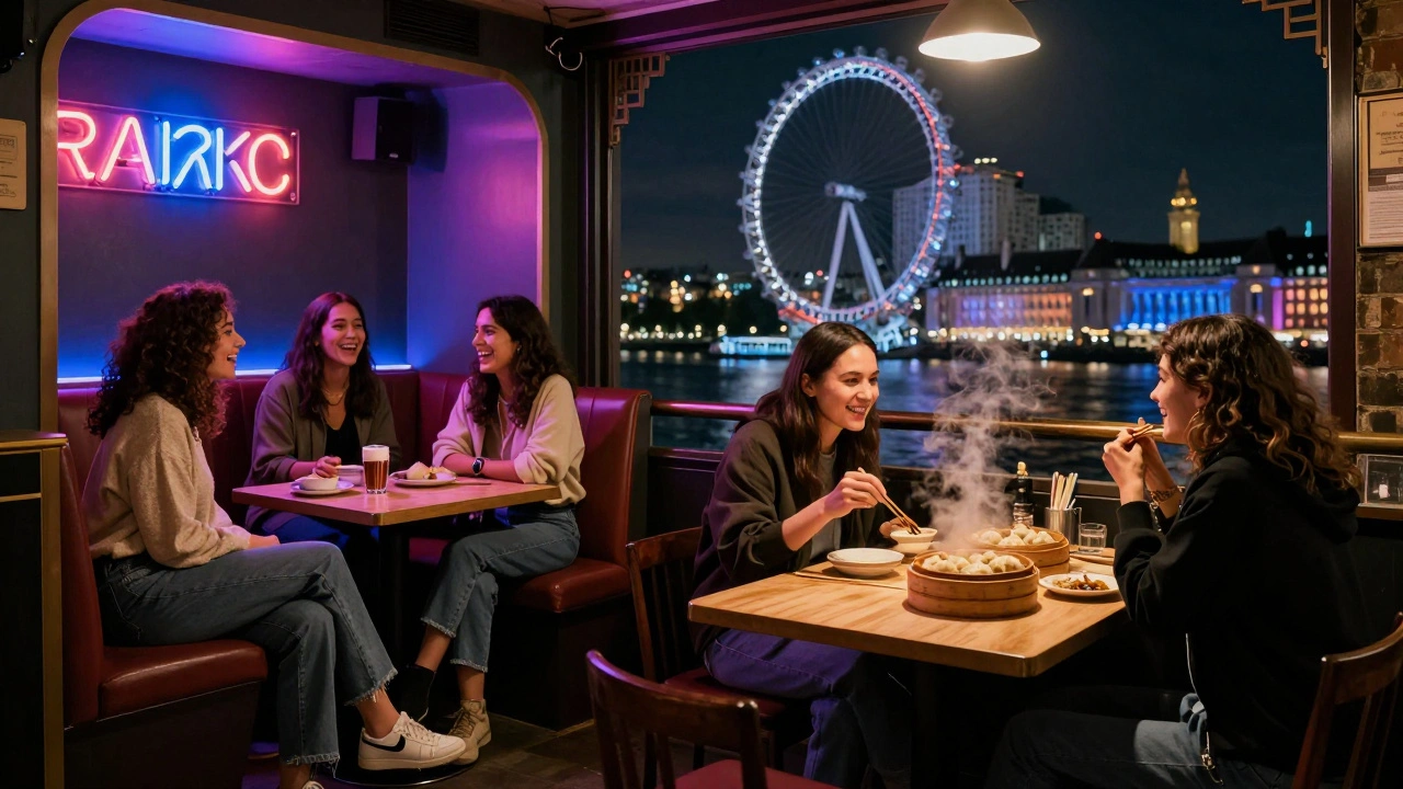 Friends splitting up for karaoke in Camden and dumplings in Chinatown at night.