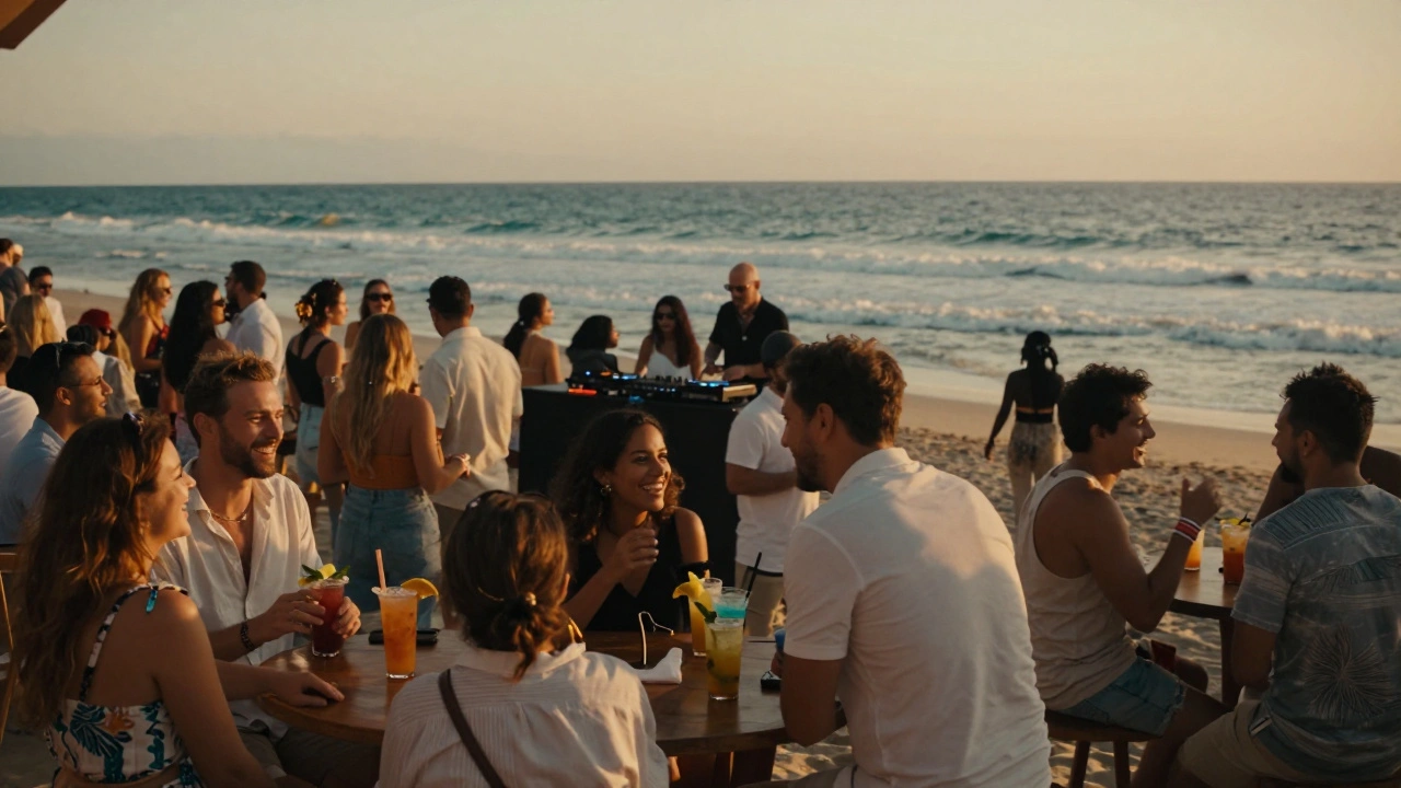 Golden hour beach party with locals enjoying cocktails and music at dusk.