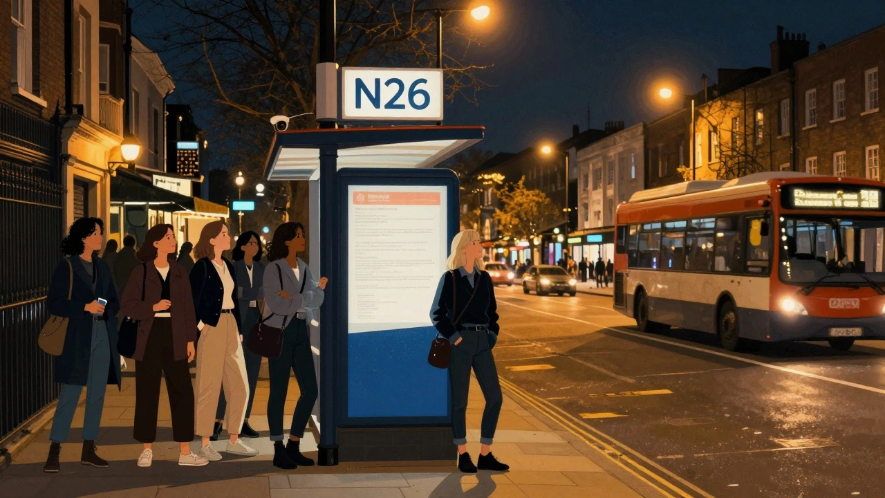 Group of women waiting at a blue-and-white night bus stop in Camden, with a bus approaching under streetlamps.