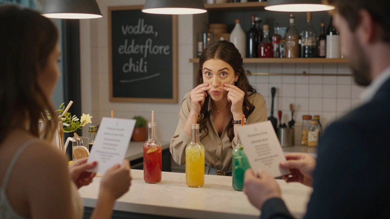 Guests at a mini cocktail bar in a London kitchen, guessing ingredients of themed drinks.