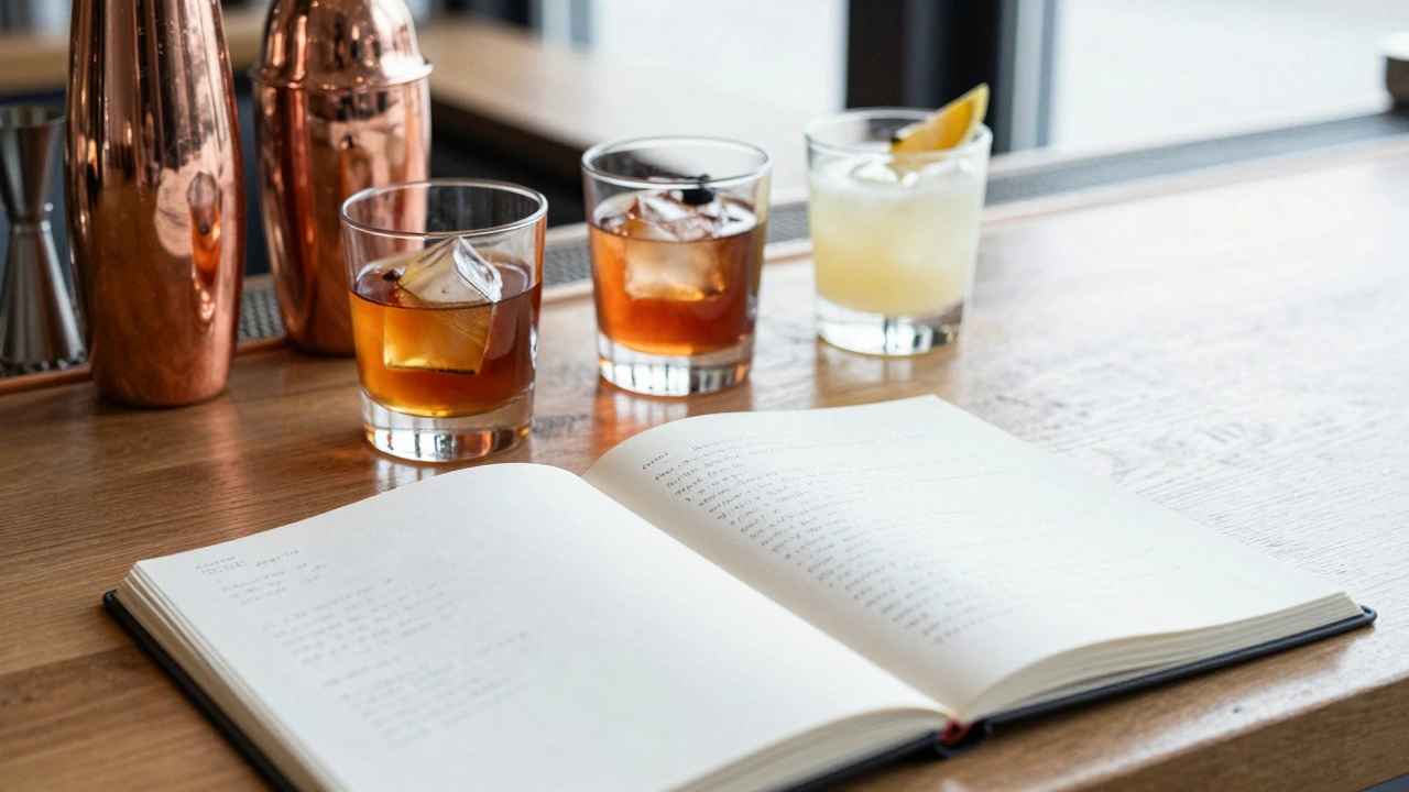 Handwritten recipe booklet beside three crafted cocktails and polished bar tools on a wooden counter.