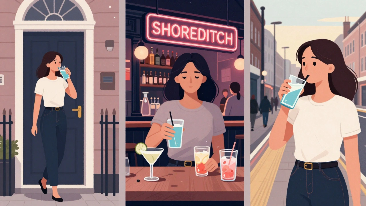 Illustrated timeline showing a woman hydrating before, during, and after a night out in London.