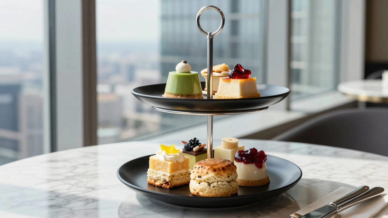 Modern afternoon tea presentation with matcha panna cotta, Earl Grey fruit, and deconstructed lemon cake beside warm scones and clotted cream on a sleek black plate.