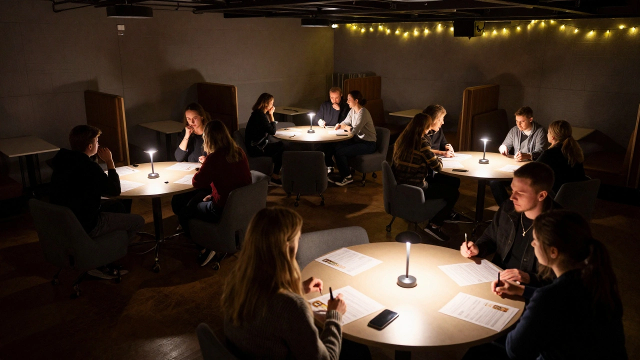 Modular tables clustered for a quiz night in a London venue, with clip-on lights and guests engaged, booths stored nearby.