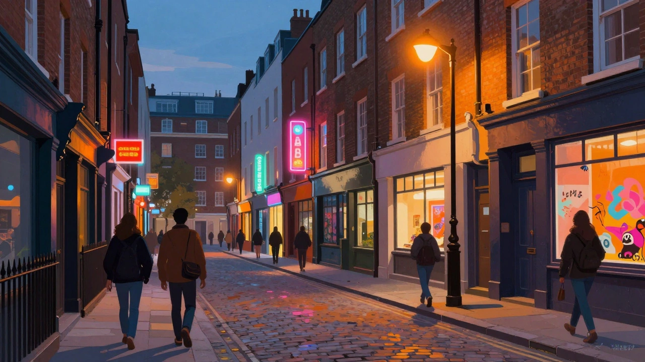 Narrow Soho street at dusk with neon lights and colorful artwork on brick walls.