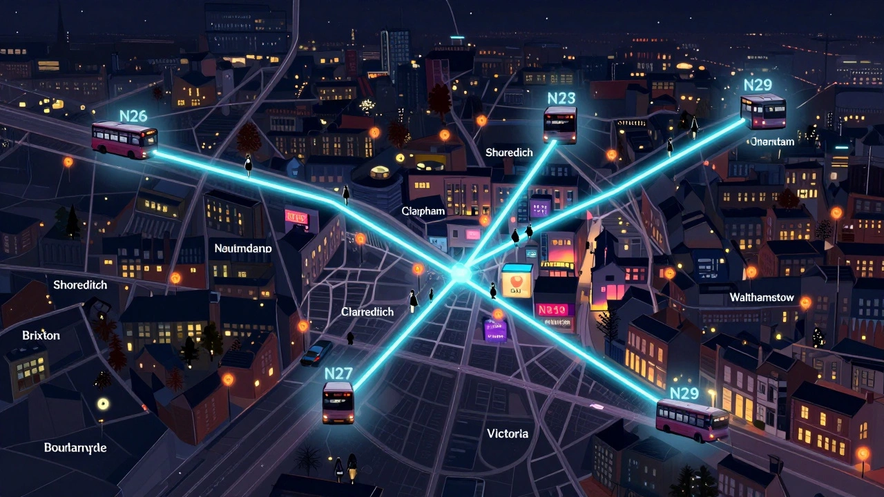 Neon-blue night bus routes on a dark London map connecting nightlife areas to homes, with tiny figures boarding.