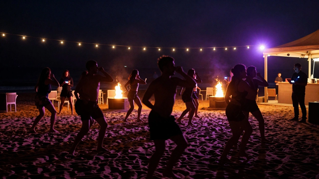 Nighttime beach dance floor lit by fire pits and string lights, crowd silhouetted.