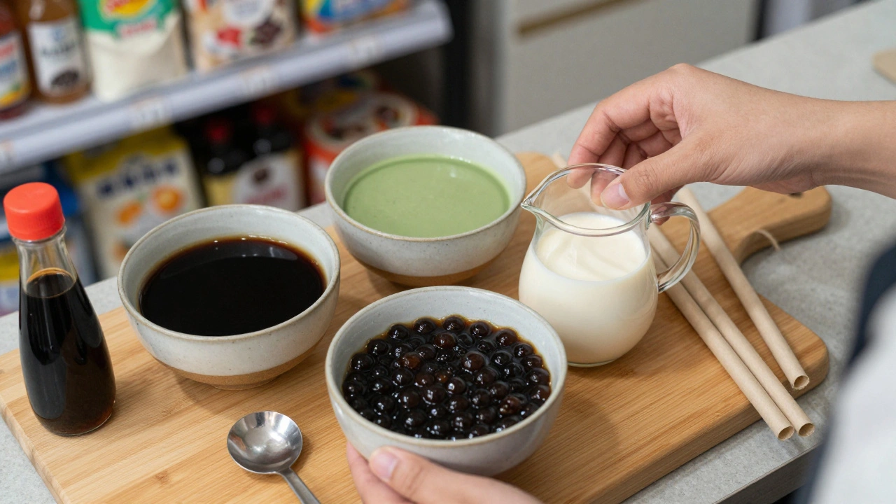Overhead view of DIY bubble tea ingredients: tea bases, pearls, syrup, and straws on a wooden board.