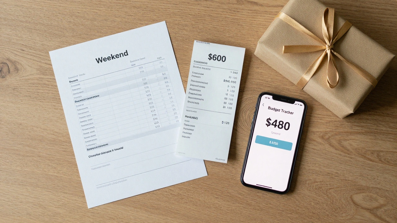 Overhead view of hen do budget tracker, receipts, and gift box on wooden table.