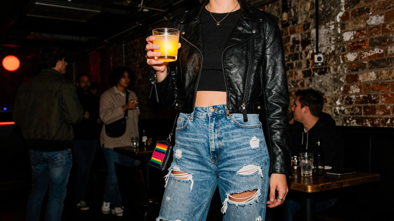 Person in ripped denim and leather jacket standing confidently in a gritty underground club, with handmade queer patch visible.