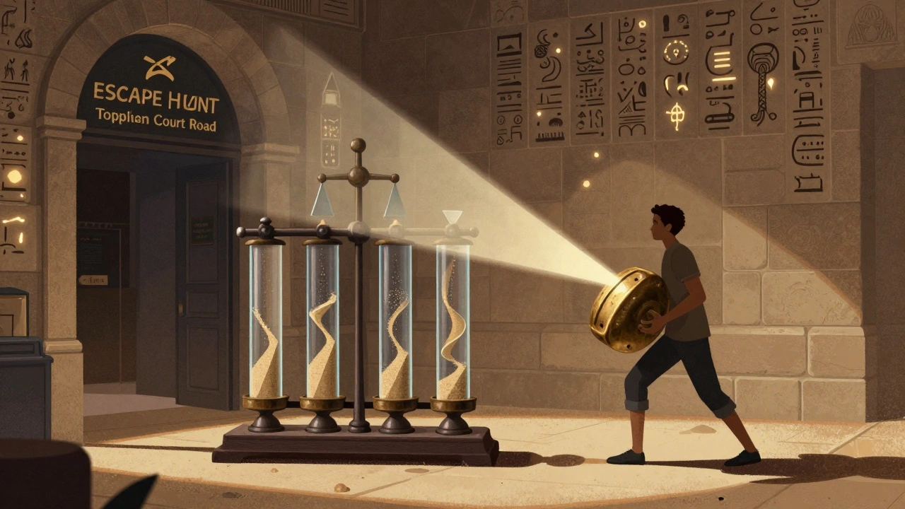 Player balancing weights and redirecting light beams to solve a water-pipe puzzle with glowing hieroglyphs.