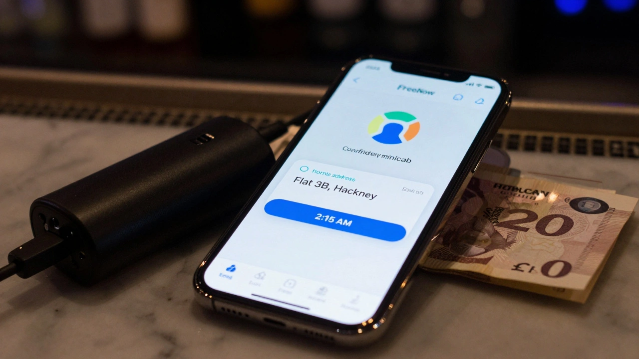 Smartphone screen displaying a confirmed FreeNow minicab booking at 2:15 AM, with a portable charger and cash on a counter nearby.