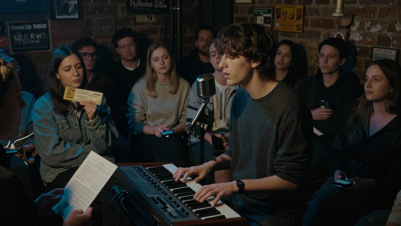 Someone playing live synth in a basement as a silent crowd sways, holding old concert tickets and lyric sheets.