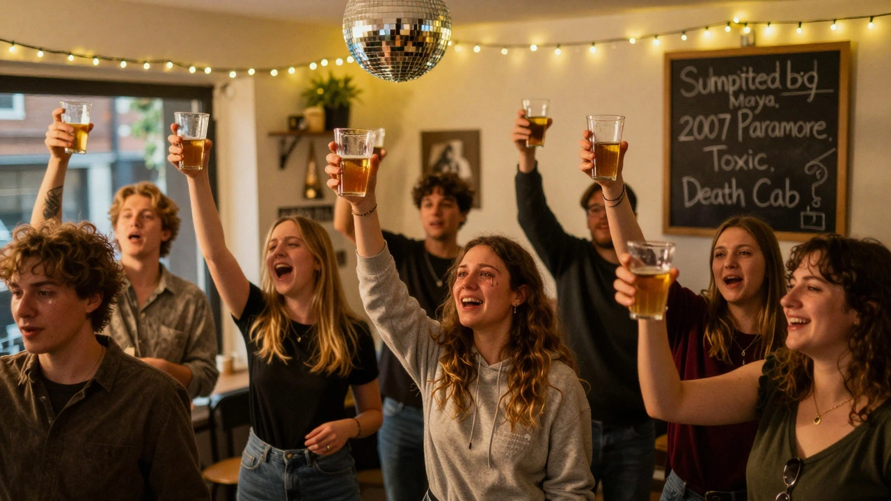 Strangers singing 'Complicated' together at a Sunday pop party, raising pints under fairy lights and a disco ball.
