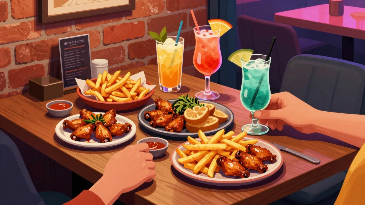 Table with shared snacks and cocktails in a trendy bar.