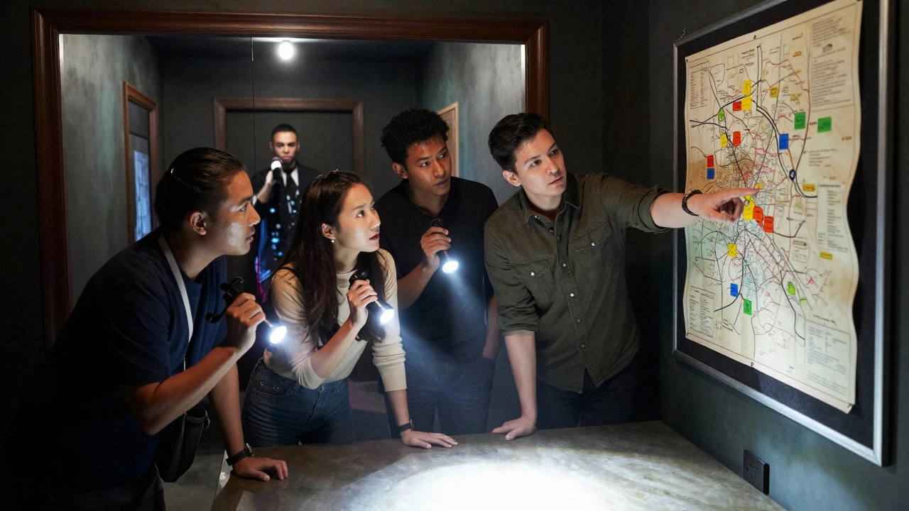 Team collaborating around a map in a theatrical escape room.