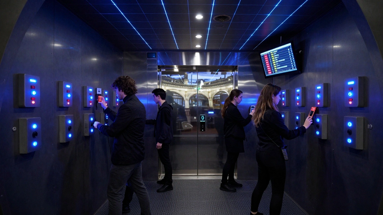 Team using keycodes and UV lights to break into a high-security vault with a laser grid and digital leaderboard.