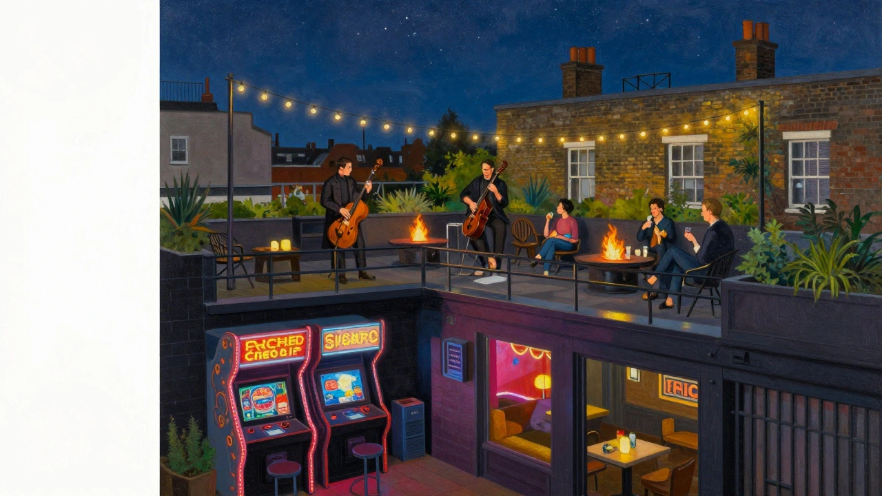 The Lock Up in Camden: retro arcade below, jazz musicians and fire pits on a rooftop garden above.