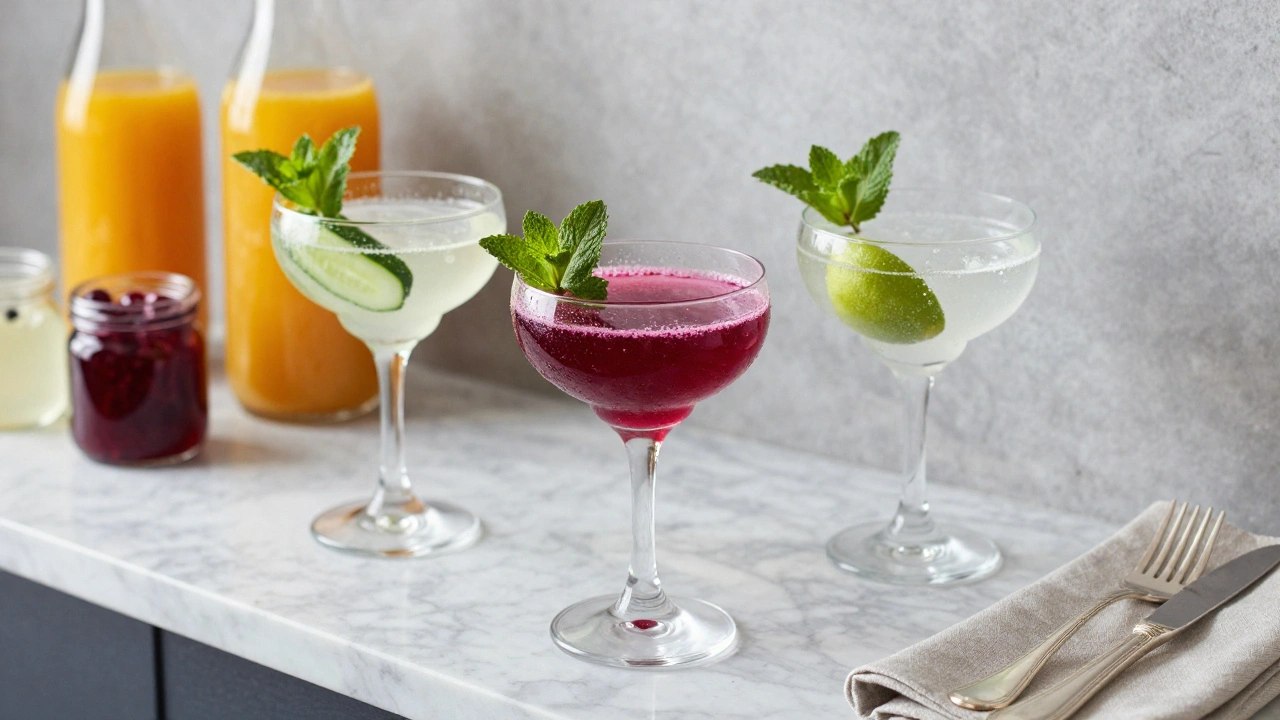 Three artisanal mocktails served in coupe glasses with fresh ingredients on a marble counter.