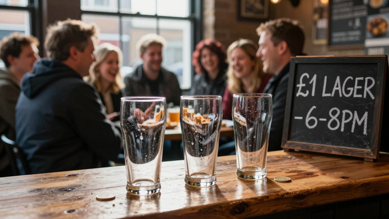 Three empty pint glasses and a £1 coin on a wooden counter at a Peckham bar during a weekly £1 beer special.