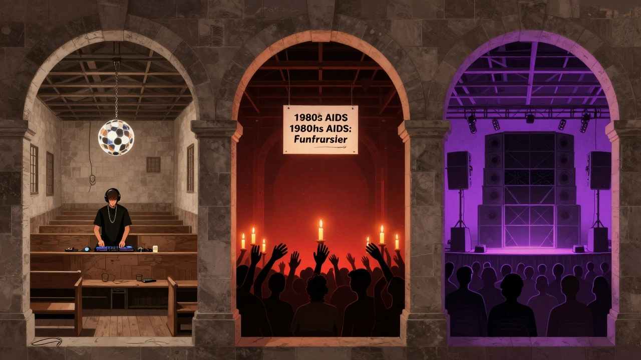 Three-panel artistic depiction of Heaven London's evolution from 1979 basement to modern nightclub