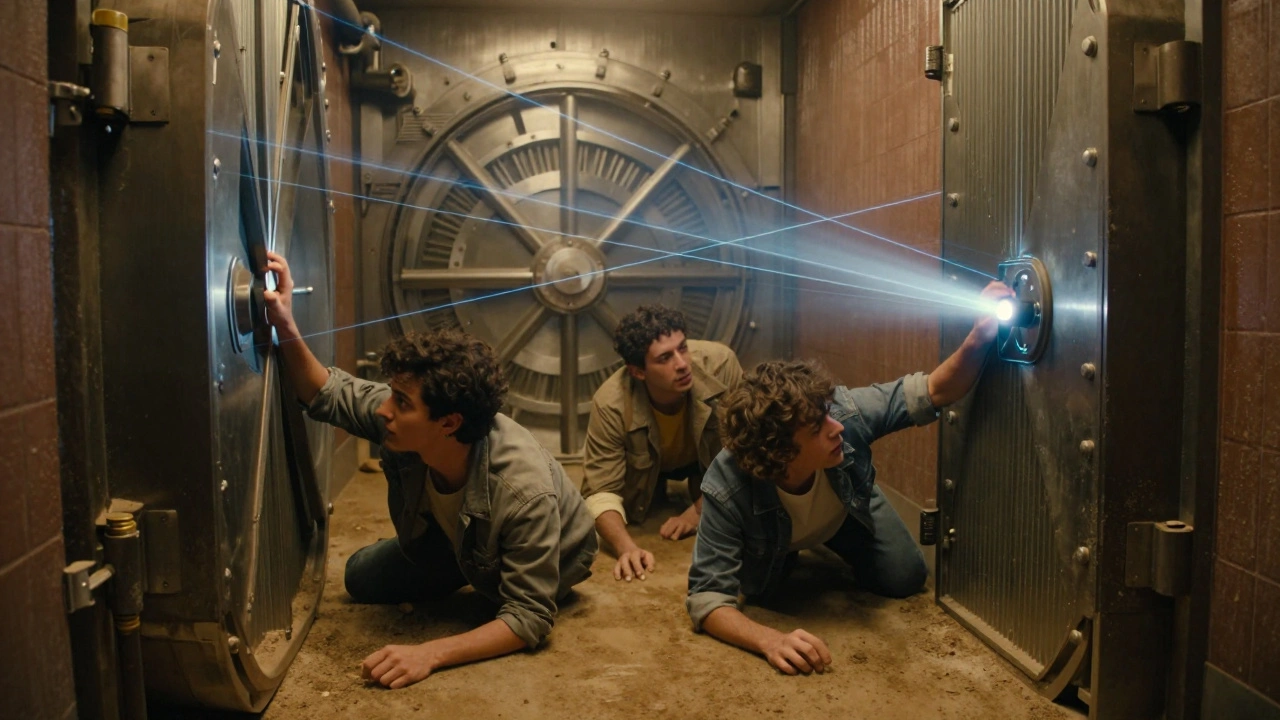 Three players crawling through a hidden tunnel beneath a bank vault, laser grids glowing in the air.