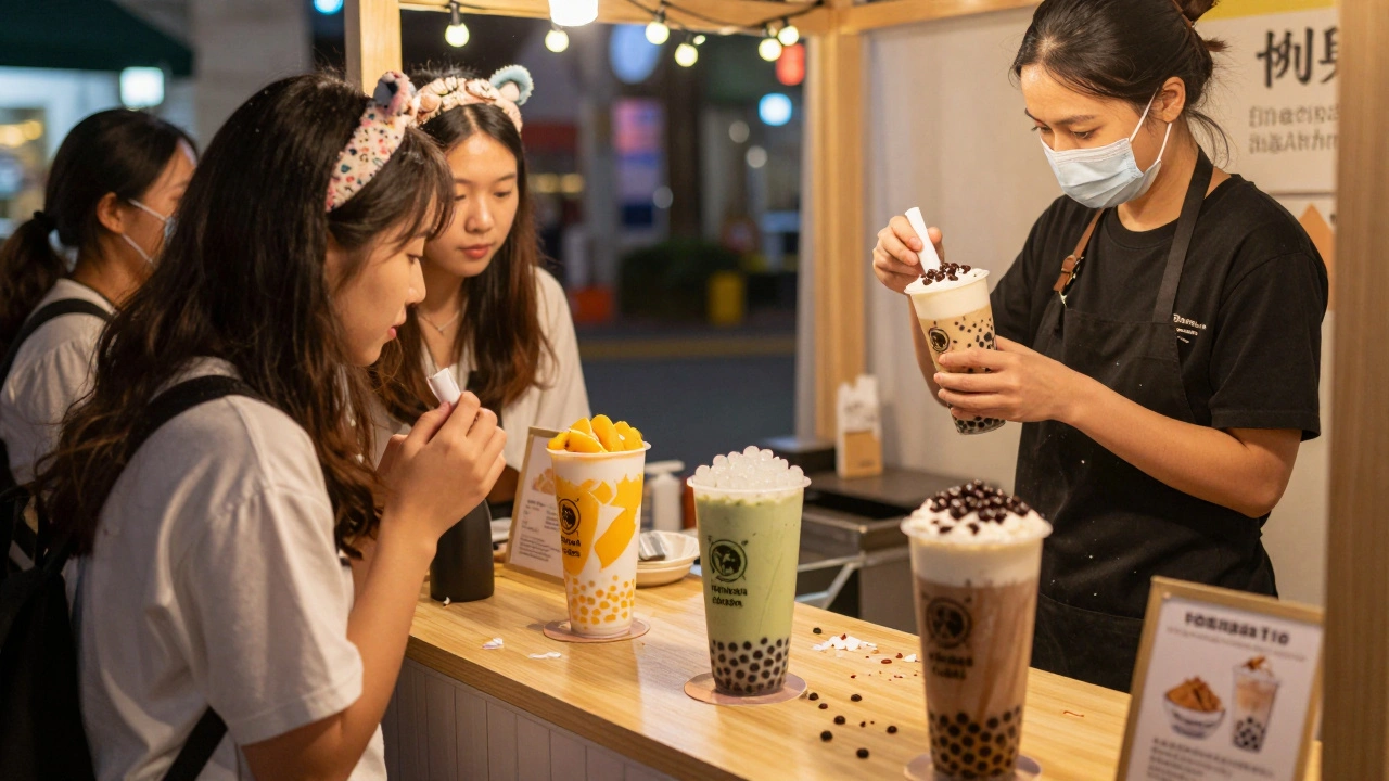 Three themed bubble tea stations with vibrant drinks and guests choosing toppings in a warmly lit pop-up venue.
