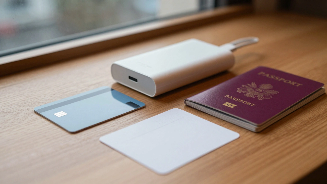 Travel essentials including power bank and card on a table.