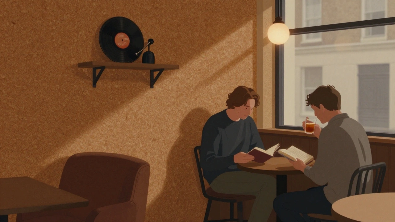 Two patrons relax in a quiet bar with cork walls and soft lighting, one reading, the other sipping a drink, no music or screens visible.