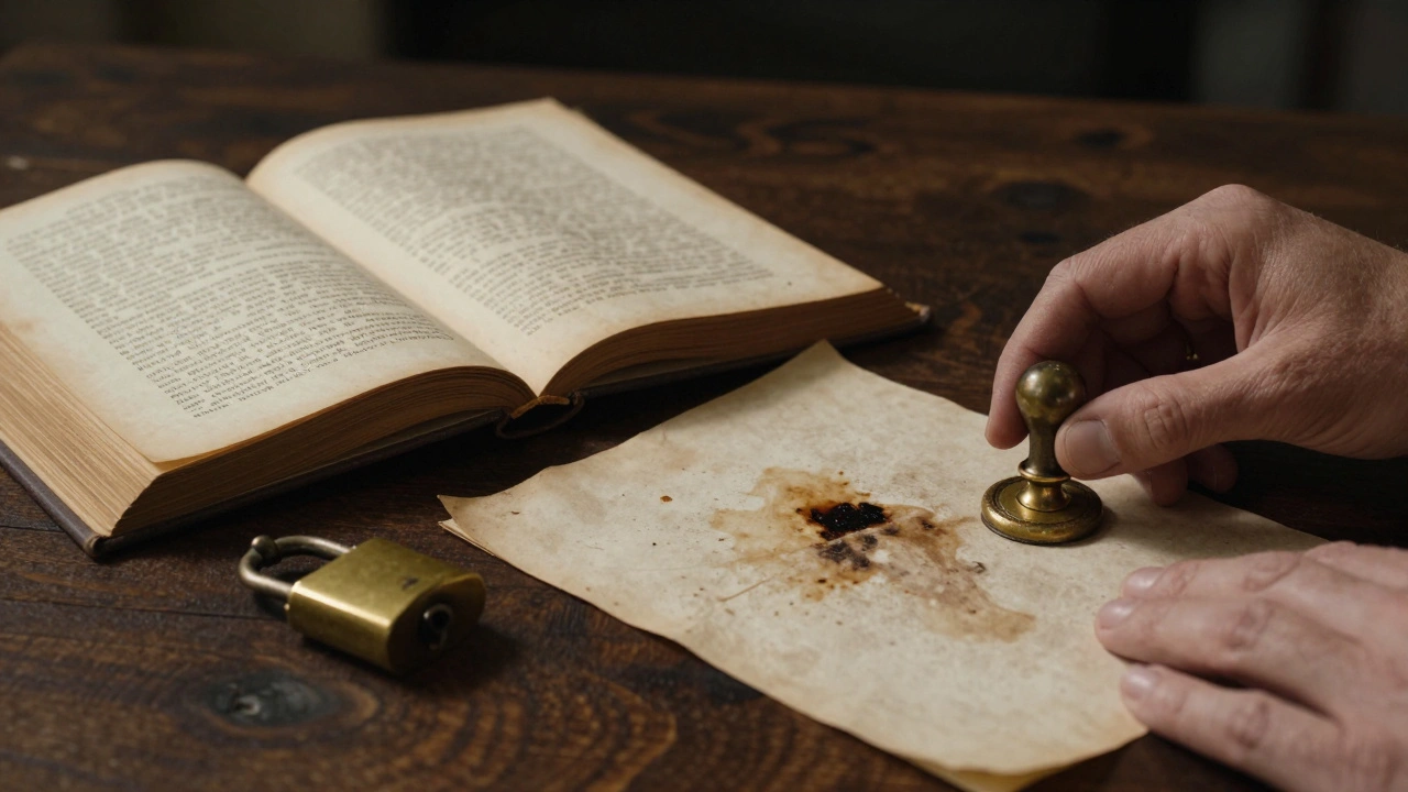 Weathered documents and brass lock on a wooden table.