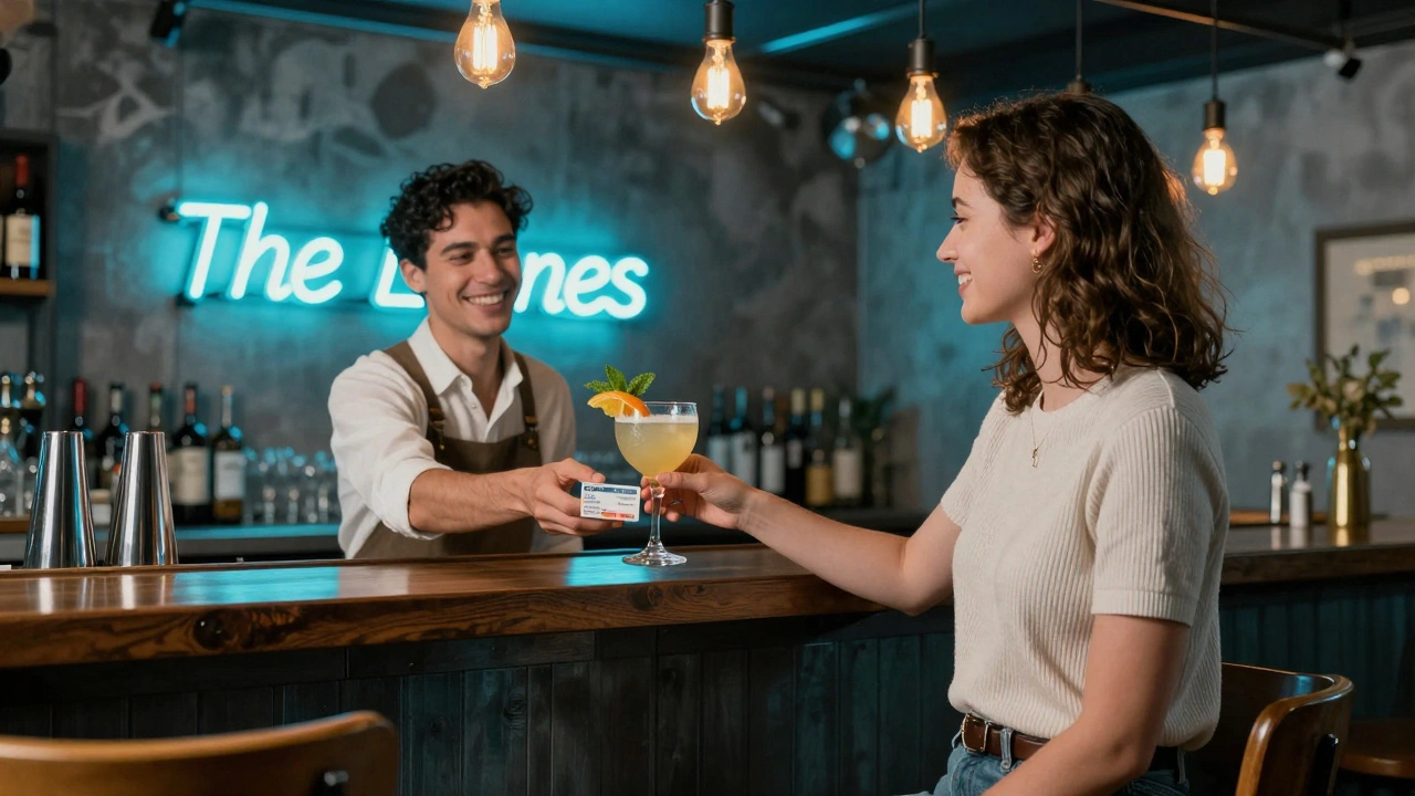 Woman showing ID to bartender at a modern London cocktail bar as she receives a free signature cocktail.