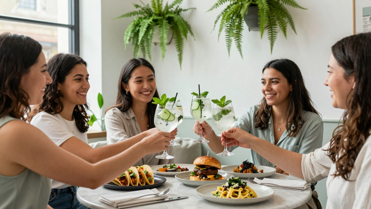Women clinking cocktails at a serene, plant-filled dining spot with elegant plant-based dishes and natural light streaming in.