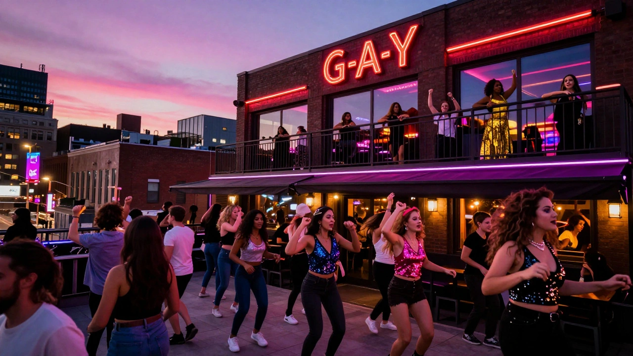 Women dancing on the rooftop terrace of G-A-Y Bar with Soho's neon lights glowing in the background.